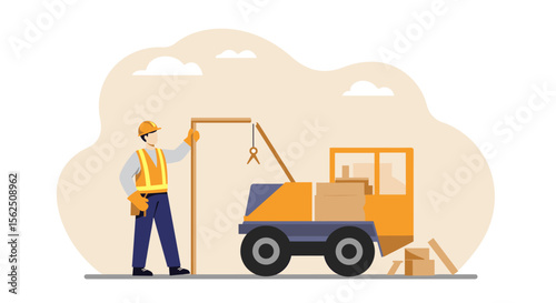 An illustrated construction worker operates a small crane, lifting materials in a simplified, modern style, set against a soft, neutral background.