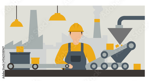 Illustration of a factory worker in a yellow hardhat overseeing the production line and conveyor belt in a modern, industrial facility, with a focus on automation.