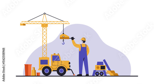 a construction worker in a hard hat and overalls operating a yellow crane, hoisting a load with a crane hook. Suitable for landing page, banner, marketing, web design, presentation, infographic, etc.