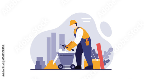 A construction worker in a yellow uniform and helmet skillfully operates a wheelbarrow, diligently carrying construction materials at a building site, showcasing hard work and dedication.