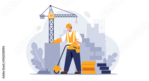 a construction worker in a hard hat and safety vest, actively engaged in a construction site. Suitable for landing page, banner, marketing, web design, presentation, infographic, etc.