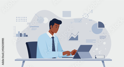 a man in a light blue shirt and tie working on a laptop at a desk, surrounded by various charts and graphs. Suitable for landing page, banner, marketing, web design, presentation, infographic, etc.