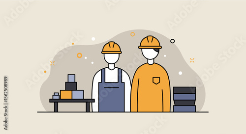two individuals wearing hard hats and construction attire standing next to a table with stacks of materials. Suitable for landing page, banner, marketing, web design, presentation, infographic, etc.
