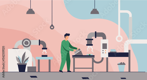 a man in a green jumpsuit working on a machine with various pipes and equipment. Suitable for landing page, banner, marketing, web design, presentation, infographic, etc.