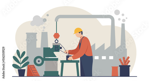 a worker operating a machine in a factory setting, with industrial smokestacks and a plant in the background. Suitable for landing page, banner, marketing, web design, presentation, infographic, etc.