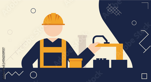 A stylized flat illustration of a construction worker in protective gear, actively engaged in building or assembling with tools and materials, conveying labor and industry.