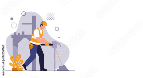 A male construction worker wearing a hard hat and safety vest uses a large hammer, illustrating concepts of building, repair, and industrial labor.