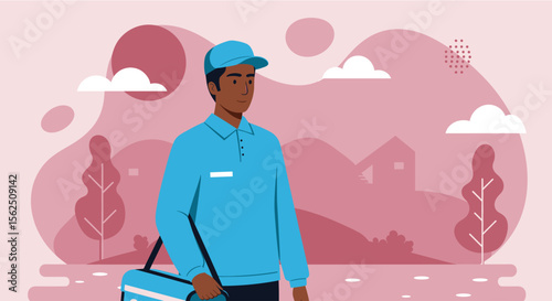 A young delivery man in a blue uniform confidently walks through a tranquil suburban landscape, carrying a bag, ready to deliver packages on his route.
