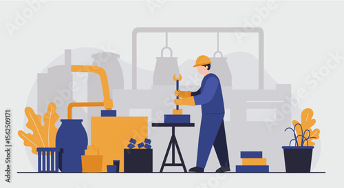 A factory worker in blue overalls and a yellow helmet operates machinery, focused on his task, within a vibrant industrial environment with equipment.