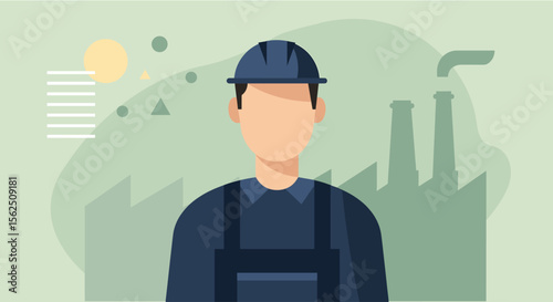 A factory worker in a hard hat stands in front of industrial buildings, representing manufacturing and labor in the industry sector.