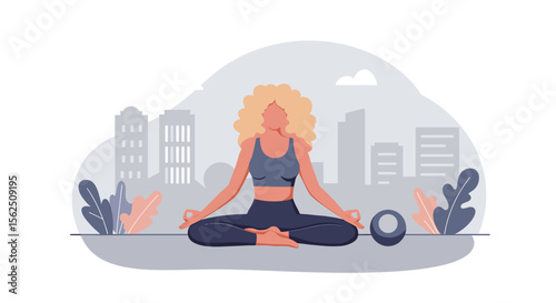 Young blonde woman in sportswear sits in a lotus position outdoors, meditating peacefully in a city park, with a small fitness ball beside her.
