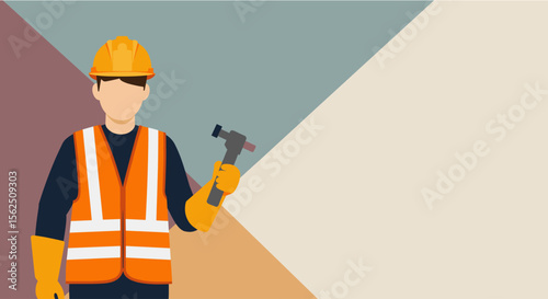 A construction worker in a safety vest and hardhat holds a claw hammer, standing against a geometric background of muted earth tones, ready for work.