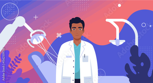 a dentist in a white coat, standing in front of dental equipment against a colorful abstract background. Suitable for landing page, banner, marketing, web design, presentation, infographic, etc.
