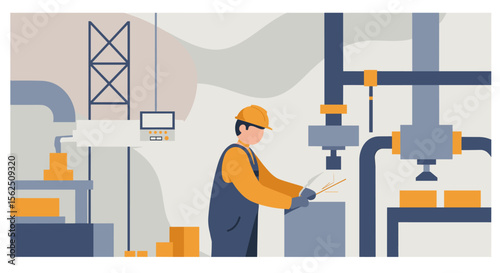 An industrial worker is operating a machine in a factory setting, wearing a safety helmet and uniform, showcasing manufacturing process and factory automation.