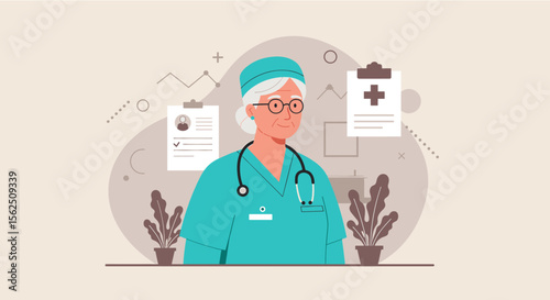 Portrait of a senior female doctor, wearing a teal medical scrub, stethoscope, and glasses, against a light beige background with medical chart and plant illustrations. 