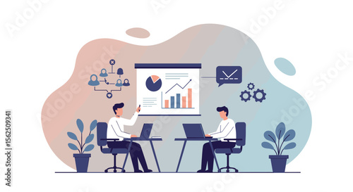 Two business professionals collaborate on a presentation, analyzing data and charts on a screen, illustrating teamwork and strategic planning in the workplace.