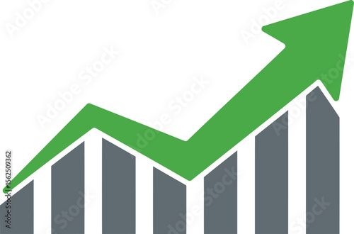 A green arrow pointing upwards, symbolizing growth, success, and positive trends within business or finance, shown with rising bar graphs.
