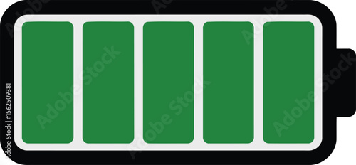 Fully charged green battery icon illustrates electronic power and represents energy capacity for device or equipment usage.