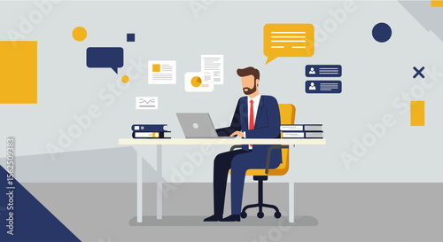 Принти на полотні A professional businessman in a suit works diligently on his laptop at a modern office desk, surrounded by floating digital information and communication icons