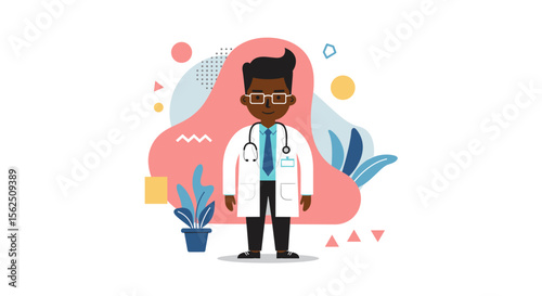 An illustrated depiction of a male doctor with dark skin, wearing a white coat and stethoscope, standing in a colorful, abstract healthcare-themed environment.