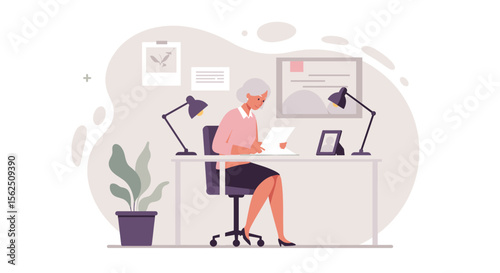 an elderly woman sitting at a desk, working on a document with a laptop and a framed photo in front of her. Suitable for landing page, banner, marketing, web design, presentation, infographic, etc.