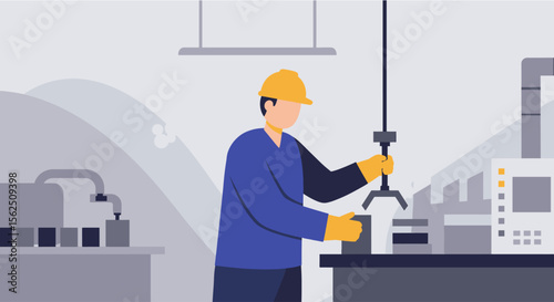 a worker in a blue uniform and yellow hard hat operating a machine in a factory setting. Suitable for landing page, banner, marketing, web design, presentation, infographic, etc.