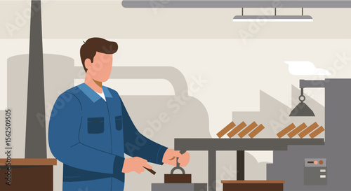 An industrious male worker in blue overalls meticulously operates industrial machinery, ensuring efficient production within a modern factory setting.