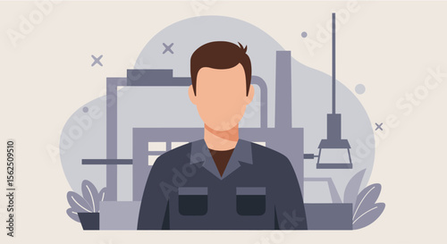 An illustrated factory worker stands confidently in front of an industrial building, representing manufacturing and technological advancements in the workplace environment.