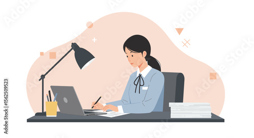 a woman seated at a desk, engrossed in work on a laptop, with a lamp beside her and a stack of papers nearby. Suitable for landing page, banner, marketing, web design, presentation, infographic, etc.