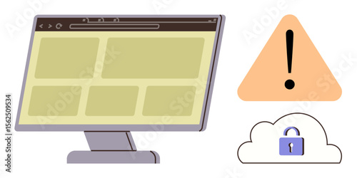 Computer monitor with web layout, triangular warning with exclamation mark, cloud with padlock. Ideal for cybersecurity, online privacy, data protection, error handling, risk management, IT issues