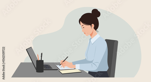 A young professional woman, with her hair in a bun, works diligently at her desk, using a laptop and taking notes in a light, airy office setting, creating a modern business concept.