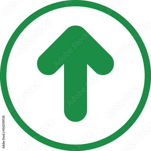 Green arrow pointing upwards, a minimalist symbol within a circle suggesting growth, direction, and progress for use in various creative projects.