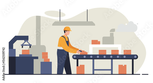 a worker in a factory setting, operating a conveyor belt with boxes, wearing a hard hat and safety vest. Suitable for landing page, banner, marketing, web design, presentation, infographic, etc.