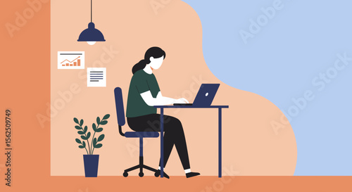 a person sitting at a desk using a laptop, with a plant to the side and a lamp hanging from the ceiling. Suitable for landing page, banner, marketing, web design, presentation, infographic, etc.
