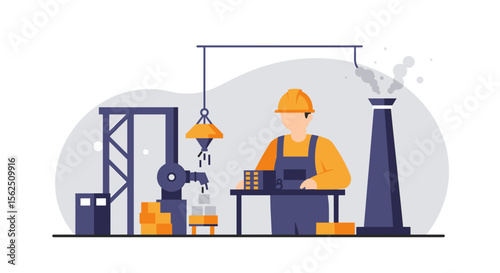 An industrial factory setting with a worker overseeing the automated production process, rendered in a modern flat design illustration style.