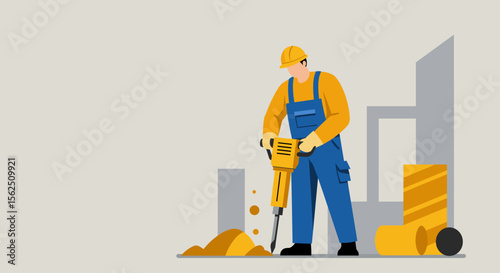 An illustration depicts a construction worker using a jackhammer on a building site, showcasing flat design elements and a focus on business and marketing applications.