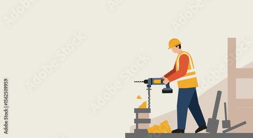 a construction worker wearing a hard hat and safety vest, using a power drill to drill a hole in a wall. Suitable for landing page, banner, marketing, web design, presentation, infographic, etc.