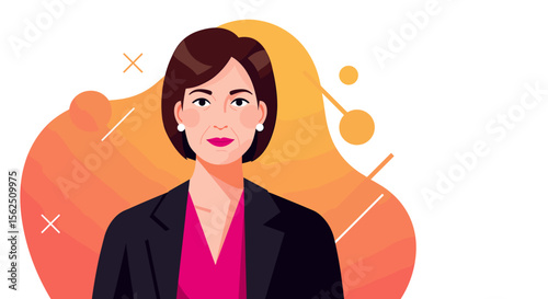a woman with short hair, wearing a black blazer and a pink blouse. Suitable for landing page, banner, marketing, web design, presentation, infographic, etc.