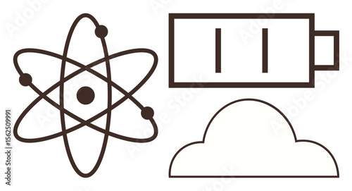 Atom with nucleus and orbiting electrons, battery depicting energy storage, and cloud for digital connectivity. Ideal for technology, science, power, sustainability, innovation, cloud computing