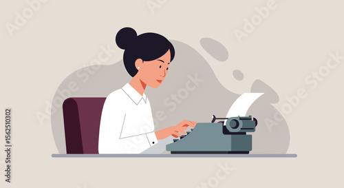 a woman seated at a desk, typing on a typewriter, with a focused expression on her face. Suitable for landing page, banner, marketing, web design, presentation, infographic, etc.