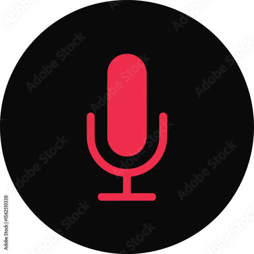 A sleek microphone symbol with a minimalist design, features a vibrant red icon set against a stark black circle, perfect for podcasting and audio applications.