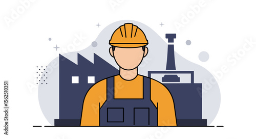 a construction worker wearing a hard hat, standing in front of a factory with a tower in the background. Suitable for landing page, banner, marketing, web design, presentation, infographic, etc.