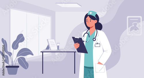 A female doctor in a white coat and cap stands in a modern, minimalist office setting, holding a clipboard, representing healthcare and medical professionals.
