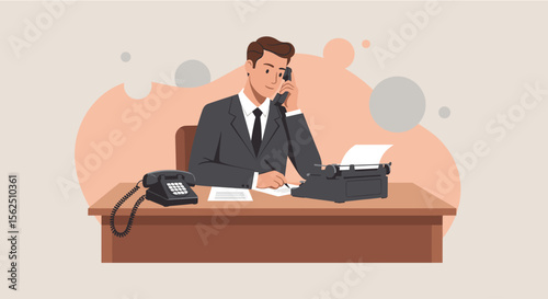 a man in a suit seated at a desk, engaged in a phone conversation while working on a typewriter. Suitable for landing page, banner, marketing, web design, presentation, infographic, etc.
