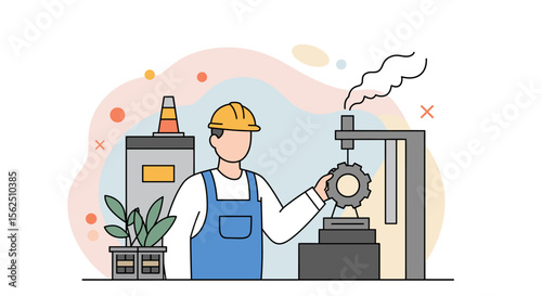 An illustration depicts a factory worker in a hard hat adjusting machinery in a modern industrial setting, complete with stylized plant pots, representing growth and innovation.