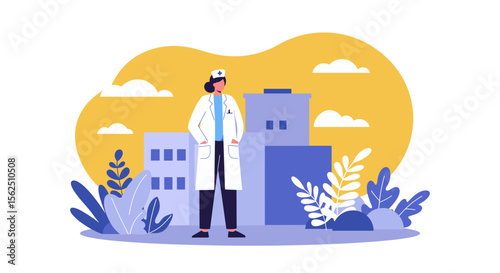 a female doctor in a white coat standing in front of a cityscape with buildings and plants. Suitable for landing page, banner, marketing, web design, presentation, infographic, etc.
