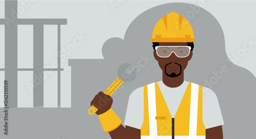 A skilled African American male worker wearing safety gear and holding a wrench, depicted in a modern flat design illustration suitable for business and industrial concepts.