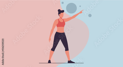 a woman in athletic attire, with her arm extended and pointing towards the right side of the image. Suitable for landing page, banner, marketing, web design, presentation, infographic, etc.