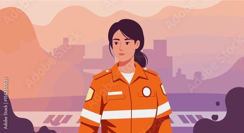 A determined female paramedic stands confidently against a backdrop of a stylized cityscape, ideal for marketing materials and web design projects with a modern flat design.