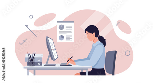 A woman works diligently at her desk, reviewing data and creating marketing materials with a modern computer setup, ideal for web design and business presentations.